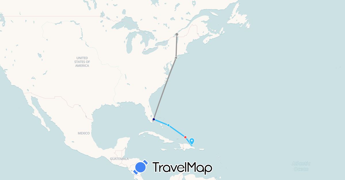 TravelMap itinerary: driving, plane, hiking, boat in Bahamas, Canada, Dominican Republic, Turks and Caicos Islands, United States (North America)